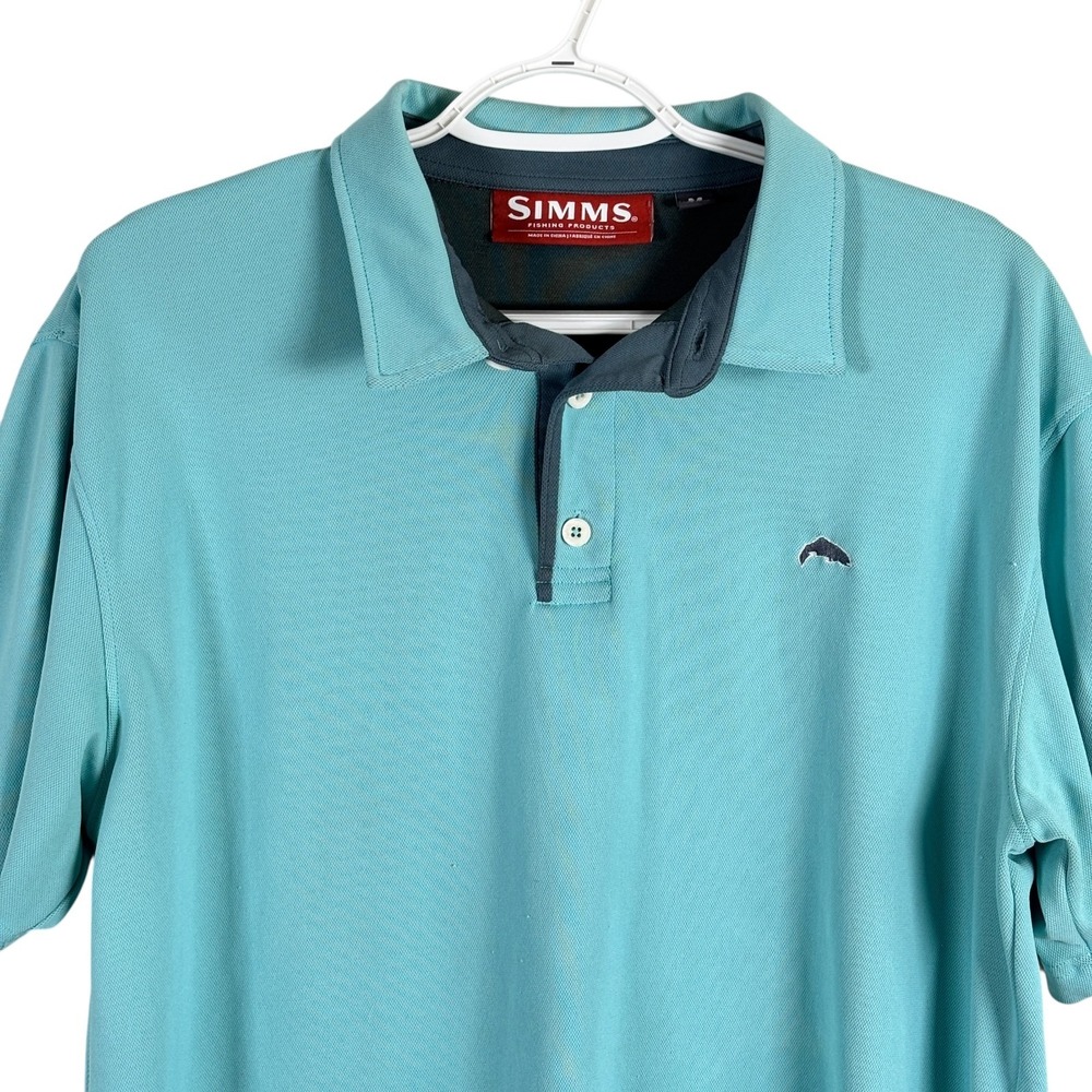 Simms Fishing Polo Shirt Mens M Light Blue Stretch Short Sleeve read
